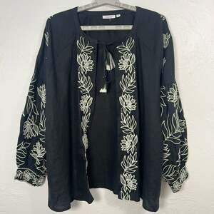 Chico's Black Linen Embroidered Kimono Jacket Balloon Sleeve Tassel Sz XL